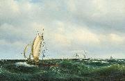 Vilhelm Melbye Stormfuld Eftermiddag i Skagerak. En dansk Jagt og forskjellige Skibe passere Skagen oil on canvas